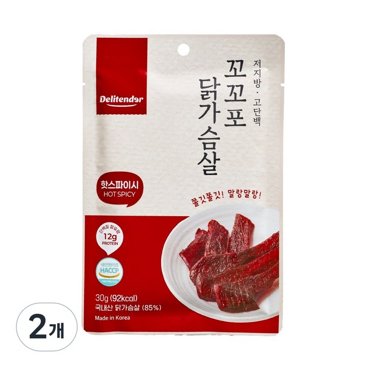 핫스파이시 저칼로리 고단백 델리텐더 닭가슴살 육포, 2개, 30g