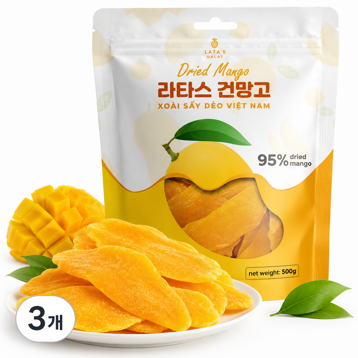 베트남 라타스 달랏 직수입 건망고 슬라이스 망고햠량 95%, 500g, 3개