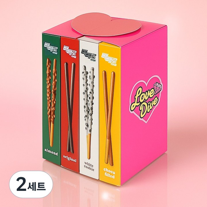 빼빼로 4종 러브다이브 하트 선물세트 (초코 아몬드 화이트쿠키 초코필드 각1개) 수능 시험 합격 생일 응원 빼빼로데이, 2세트, 181g