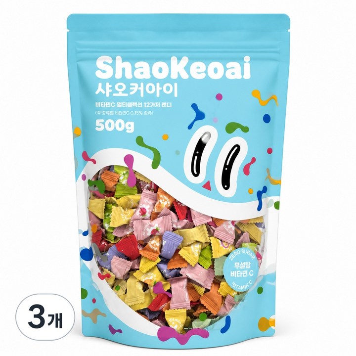 샤오커아이 민트향 무설탕 비타민C 믹스 과일사탕, 500g, 3개