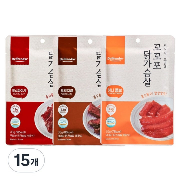 저칼로리 고단백 다이어트 간식 닭가슴살 육포 델리텐더 3종 믹스, 15개, 30g