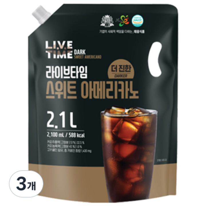 [태웅식품] 라이브타임 더진한 스위트 아메리카노 2100ml 대용량 액상 커피 파우치, 2.1L, 3개