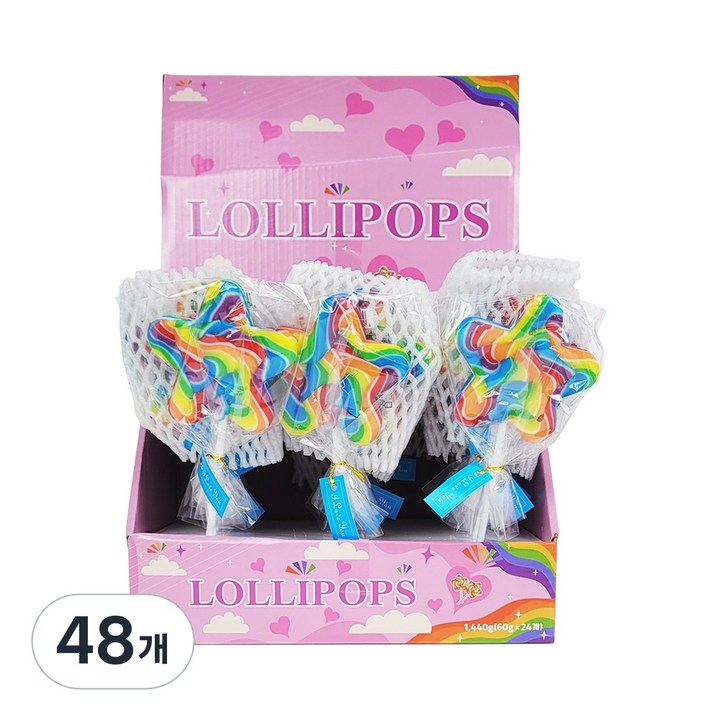 투데이 롤리팝 별모양 레인보우 막대사탕, 60g, 48개