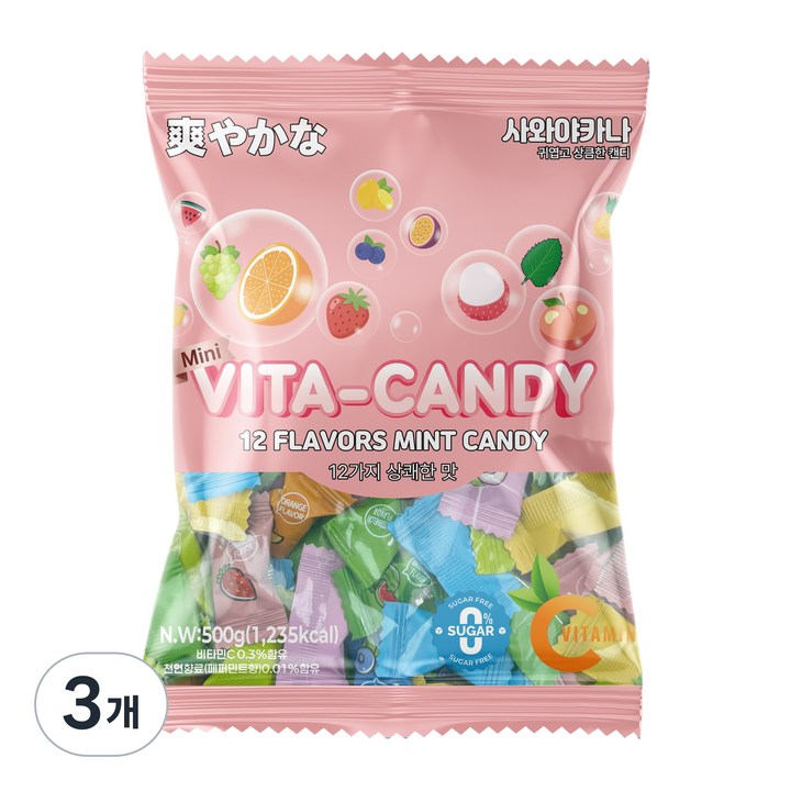 비타민C 민트 미니비타캔디 무설탕 12가지맛, 3개, 500g