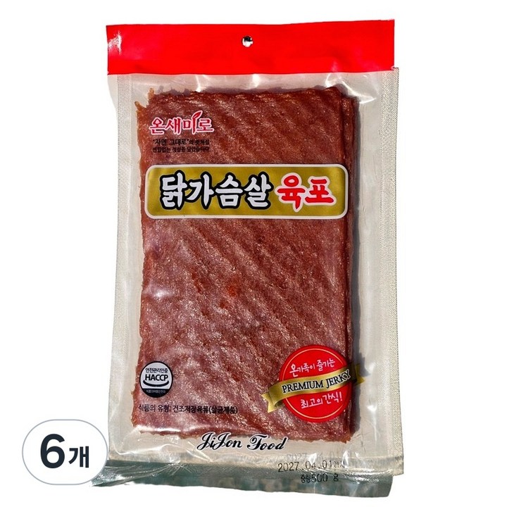온새미로 국내산 닭가슴살 육포 고단백 저칼로리, 6개, 500g