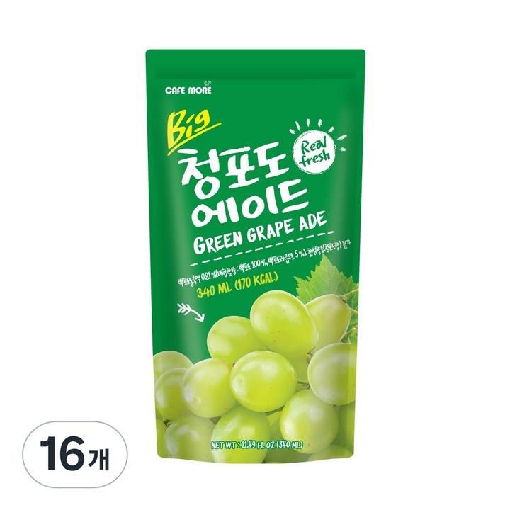 카페모어 빅 청포도에이드 340ml 파우치음료, 16개