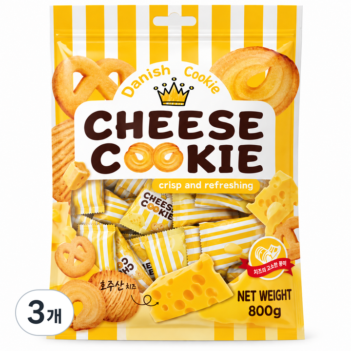 데니쉬 치즈쿠키 대용량 개별포장 버터쿠키 간식, 800g, 3개