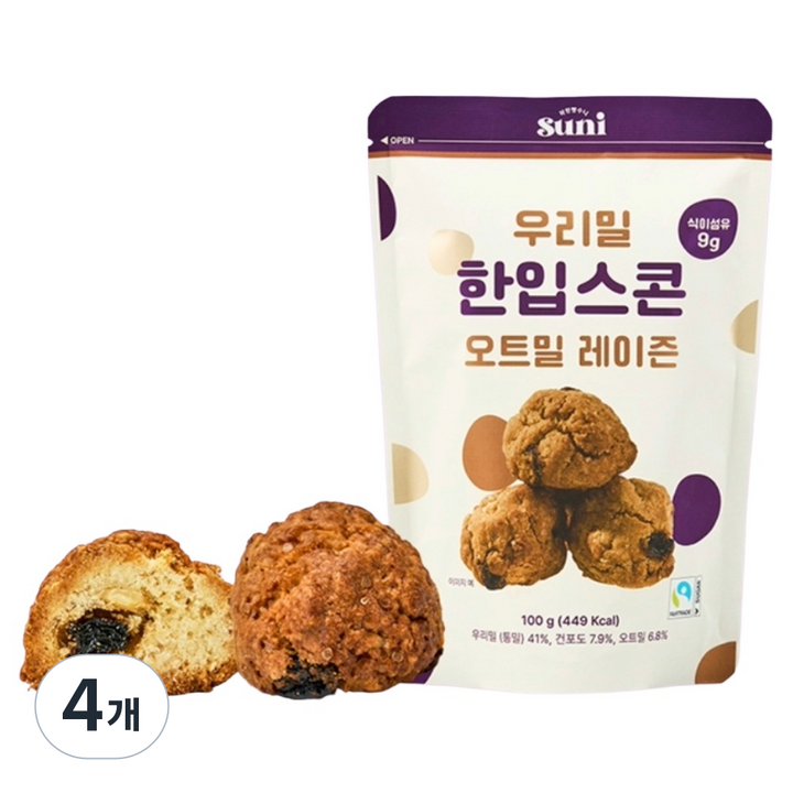 착한빵수니 우리밀 한입스콘 오트밀 레이즌 우리통밀 공정무역 비정제설탕 구움과자, 4개, 100g