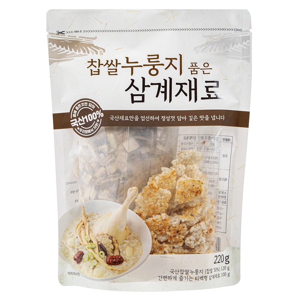 Glutinous Rice Nurungji Pumeun Samgyejaeryo , 220 g, 1 Pack (찹쌀누룽지 품은 삼계재료, 220g, 1팩)