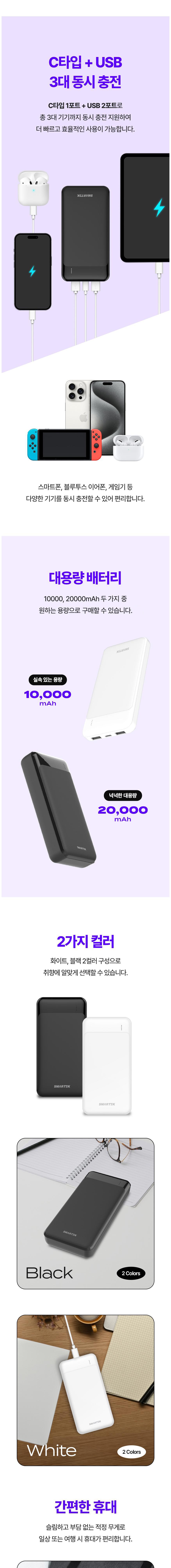 Seumatek 3 Packets Teu Yeohaengyong Dongsi Charging Large Size Bojo Pear Teori 20000 mAh USB-C / USB + Cable , Black , STPB-GB 2 (스마텍 3포트 여행용 동시충전 대용량 보조배터리 20000mAh C타입 / USB + 케이블, 블랙, STPB-GB2)