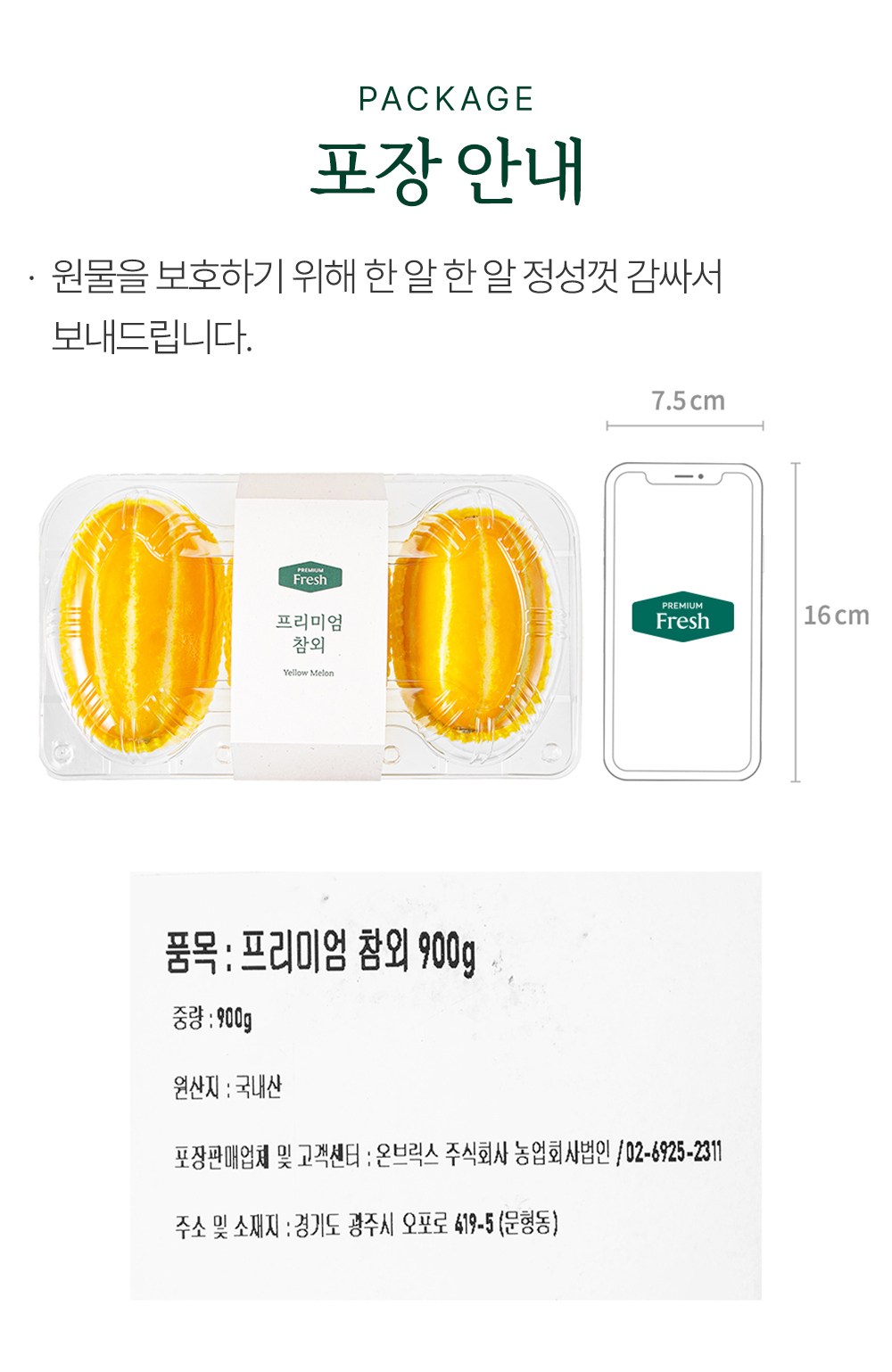 Korean Melon 3 Pack , 900 g, 1 Pack (프리미엄 참외 3입, 900g, 1개)