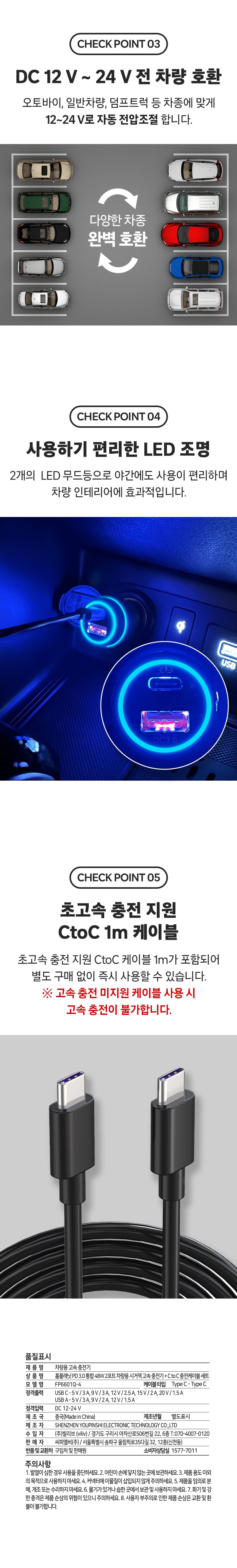 Homeplanet PD 3.0 48 W 2 Packets Teu Charyangyong Sigeojaek Gosok Charger + C to C Charging Cable Set (홈플래닛 PD 3.0 48W 2포트 차량용 시거잭 고속 충전기 + C to C 충전케이블 세트)