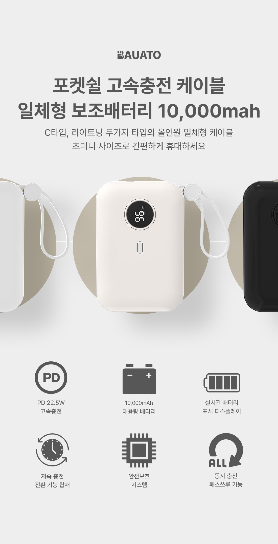 Bauato Packets Ketswil PD 22.5 W Gosok Pack Chulryeok Cable Chehyeong Mini Bojo Pear Teori 10000 mah, Abori , Abori (바우아토 포켓쉴 PD 22.5W 고속 입출력 케이블 일체형 미니 보조배터리 10000mah, 아이보리, 아이보리)