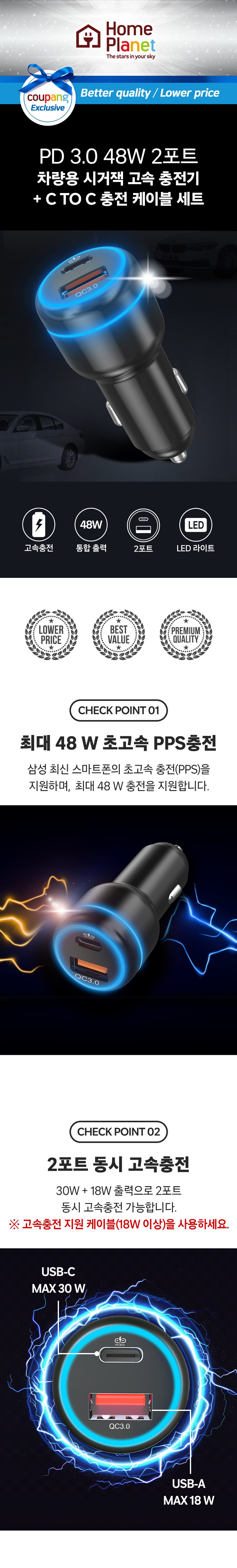 Homeplanet PD 3.0 48 W 2 Packets Teu Charyangyong Sigeojaek Gosok Charger + C to C Charging Cable Set (홈플래닛 PD 3.0 48W 2포트 차량용 시거잭 고속 충전기 + C to C 충전케이블 세트)