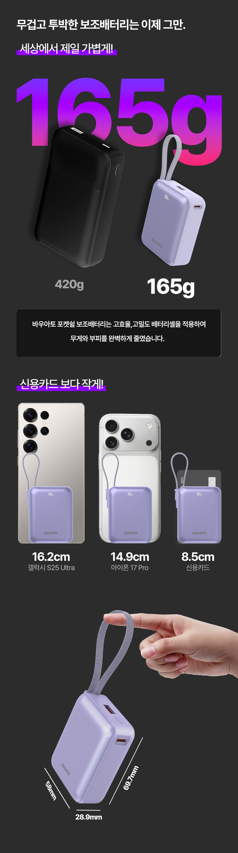 Bauato Packets Ketswil Cable Chehyeong Mini Large Size Bojo Pear Teori 10000 mAh USB-C , D-B-0257, Black (바우아토 포켓쉴 케이블 일체형 미니 대용량 보조배터리 10000mAh C타입, D-B-0257, 블랙)