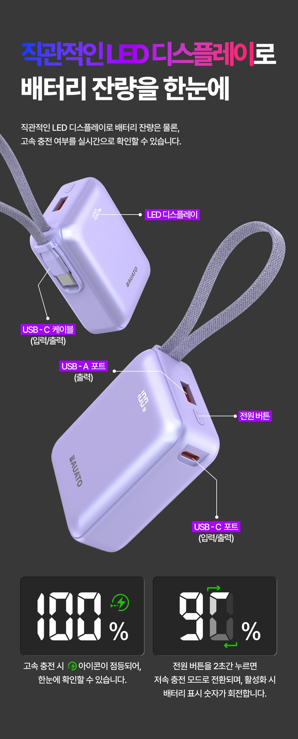 Bauato Packets Ketswil Cable Chehyeong Mini Large Size Bojo Pear Teori 10000 mAh USB-C , D-B-0257, Black (바우아토 포켓쉴 케이블 일체형 미니 대용량 보조배터리 10000mAh C타입, D-B-0257, 블랙)