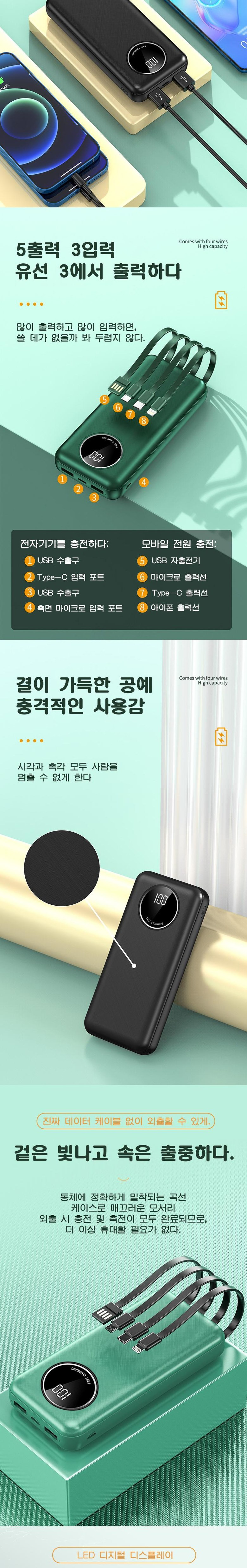 PYHO 66 W Super Grade Sok Charging Large Size 30000 mAh Bojo Pear Teori Hwa Noodles Pyosi Jeonryeokryang Jache 4 Cable Chehyeong Bojo Pear Teori , Bintiji Green , YM-344 (PYHO 66W 슈퍼 급속 충전 대용량 30000mAh 보조배터리 화면표시 전력량 자체 4케이블 일체형 보조배터리, 빈티지 그린, YM-344)