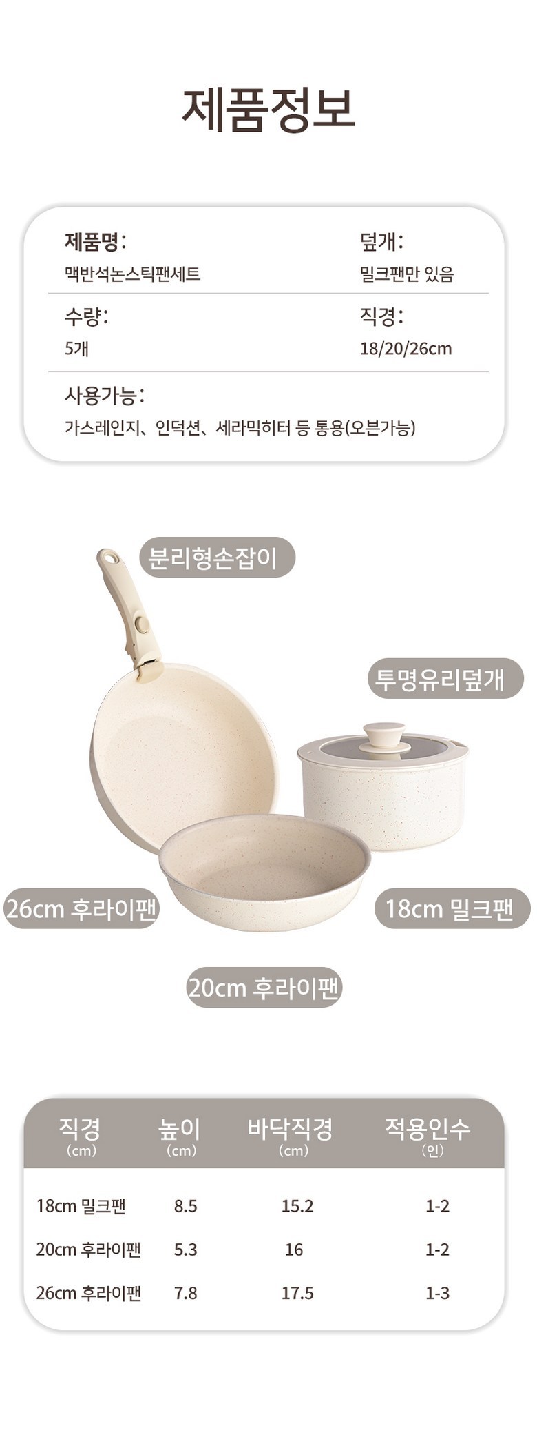 Naembi Gu Sikpum Grade Koting Naembi Set Jubangyong Naembi Talbuchak Sonjap 5 Piseu , 1 Set , Peurapaen 26 cm+ Peurapaen 20 cm+ Tangsot 18 cm, Cream (냄비 도구 식품 등급 코팅 냄비 세트 주방용 냄비 탈부착 손잡이 5피스, 1세트, 프라이팬26cm+프라이팬20cm+탕솥18cm, 크림)