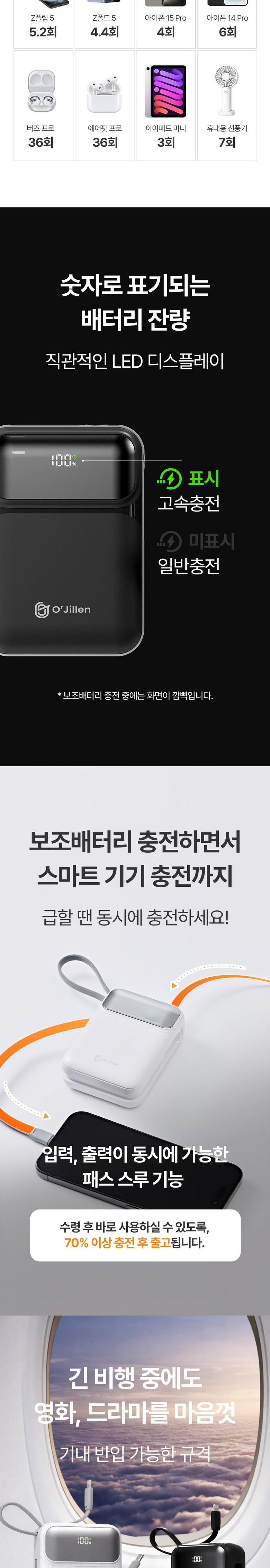 Ojiren All-in-One 22.5 W Gosok Charging Large Size Bojo Pear Teori 20000 mAh, Black , OJMH 811 (오지렌 올인원 22.5W 고속충전 대용량 보조배터리 20000mAh, 블랙, OJMH811)