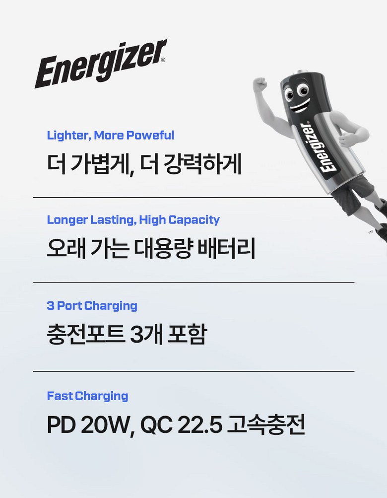 Neojajeo Gosok Charging Seulrim Bojo Pear Teori 10000 mAh PD 20 W QC 22.5 W 3 Packets Teu LED Janryangpyosi Chogyeongryang 215 g, Black , UE 10055 PQ (에너자이저 고속충전 슬림 보조배터리 10000mAh PD 20W QC 22.5W 3포트 LED잔량표시 초경량 215g, 블랙, UE10055PQ)