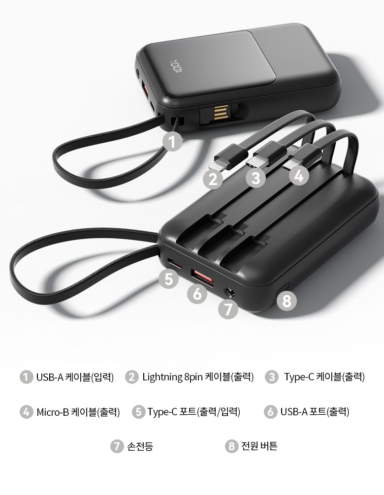 TRYSEEK Gosok Charging PD 22.5 W Large Size Mini 4 in 1 Cable Chehyeong Bojo Pear Teori 12000 mAh Multi Danja USB-C LED Janryang , White , N 13 (TRYSEEK 고속충전 PD 22.5W 대용량 미니 4in1 케이블 일체형 보조배터리 12000mAh 멀티단자 C타입 LED잔량, 화이트, N13)