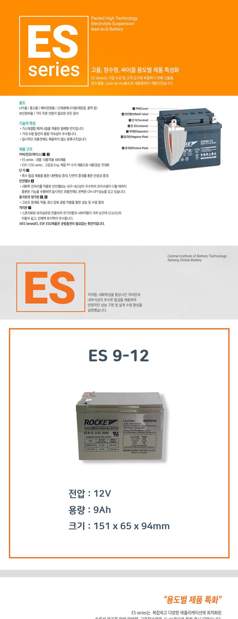 세방전지 로케트 연축전지 납축전지 ES 9-12 (12V 9Ah)