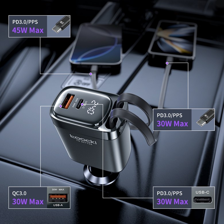 Toocki 105W 4in1 릴타입 C타입 시거잭 차량용 고속 충전기, 그레이, TQ-CC42