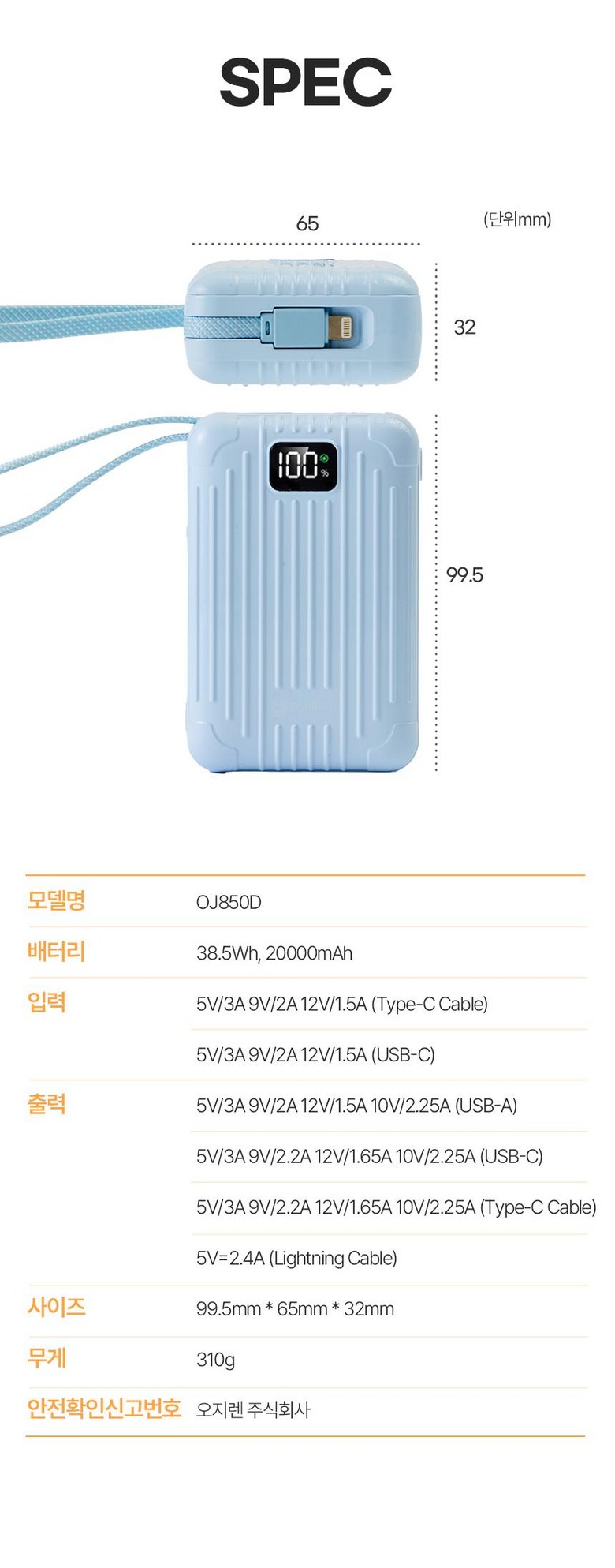 Ojiren Gosok Charging Large Size Bojo Pear Teori 20000 mAh, Silver , OJ 850 D (오지렌 고속충전 대용량 보조배터리 20000mAh, 실버, OJ850D)