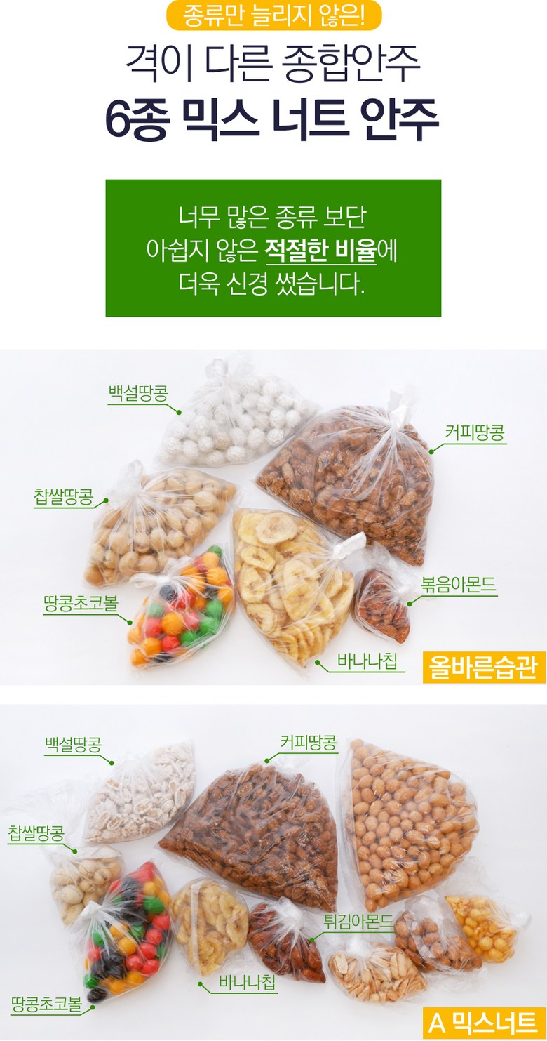 Badapudeu Types Hapanju 6 Types Gyeonryu Amondeu Keopi Ttangkong Banana Chip Chokobol MAC Juanju Mareunanju Mikseuneoteu , 500 g, 2 Pack (바다푸드 종합안주6종 견과류 아몬드 커피 땅콩 바나나칩 초코볼 맥주안주 마른안주 믹스너트, 500g, 2개)