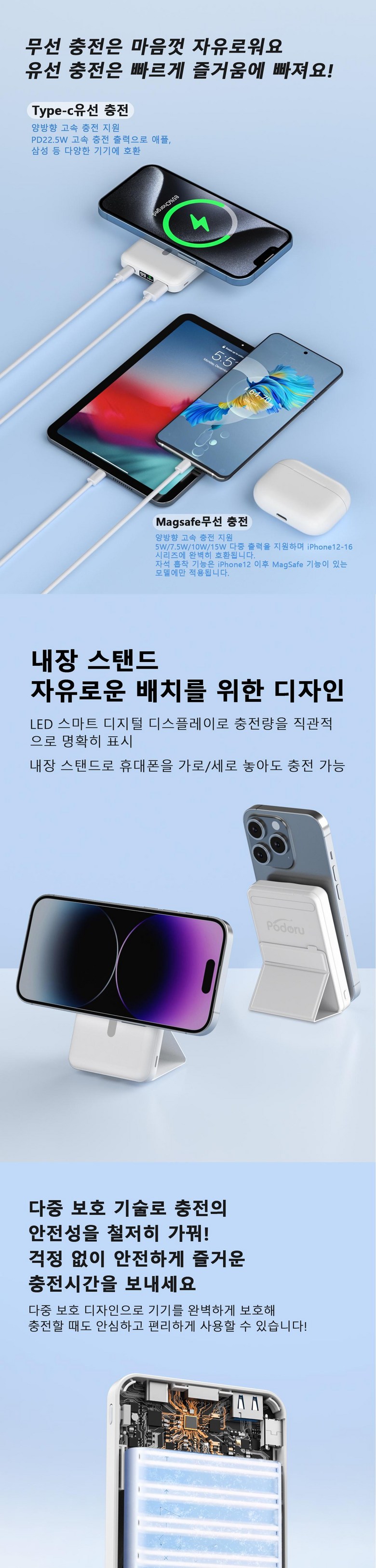 Podoru MAC Set Peu Bojo Pear Teori PD 22.5 W Gosok Charging 10000 mAh Large Size Wireless Apon Bojobeteori Portable Stand , White (Podoru 맥세이프 보조배터리 PD22.5W 고속충전 10000mAh 대용량 무선 아이폰 보조베터리 휴대용 거치대, 화이트)