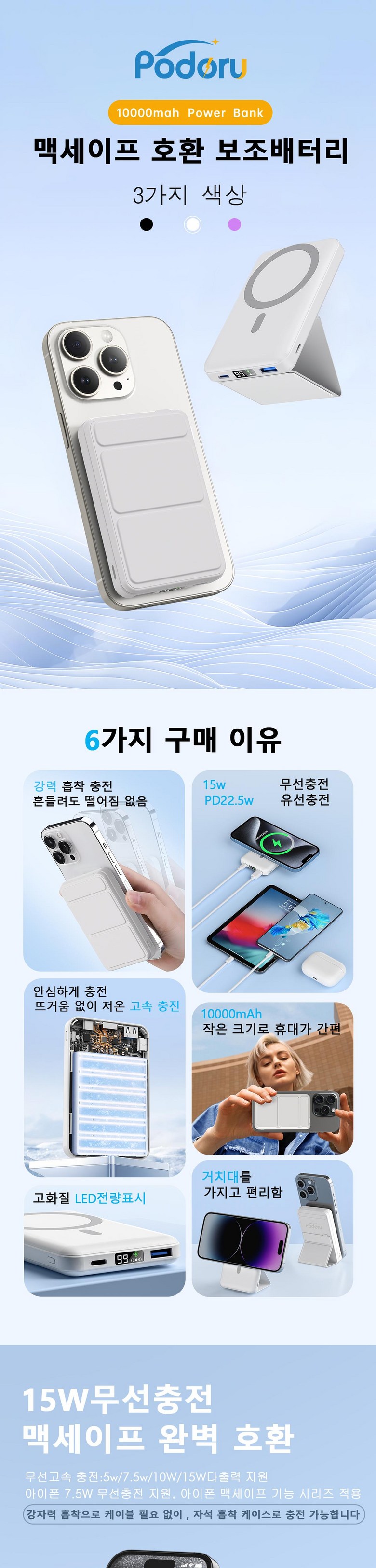 Podoru MAC Set Peu Bojo Pear Teori PD 22.5 W Gosok Charging 10000 mAh Large Size Wireless Apon Bojobeteori Portable Stand , White (Podoru 맥세이프 보조배터리 PD22.5W 고속충전 10000mAh 대용량 무선 아이폰 보조베터리 휴대용 거치대, 화이트)