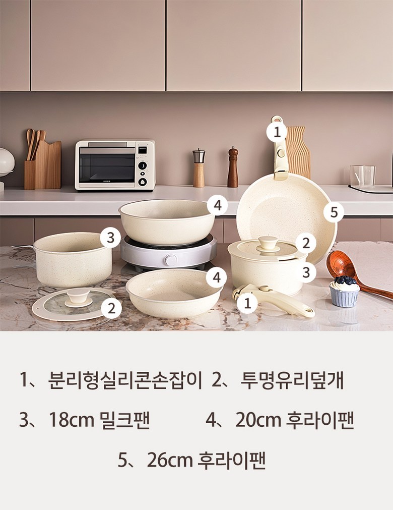 Naembi Gu Sikpum Grade Koting Naembi Set Jubangyong Naembi Talbuchak Sonjap 5 Piseu , 1 Set , Peurapaen 26 cm+ Peurapaen 20 cm+ Tangsot 18 cm, Cream (냄비 도구 식품 등급 코팅 냄비 세트 주방용 냄비 탈부착 손잡이 5피스, 1세트, 프라이팬26cm+프라이팬20cm+탕솥18cm, 크림)