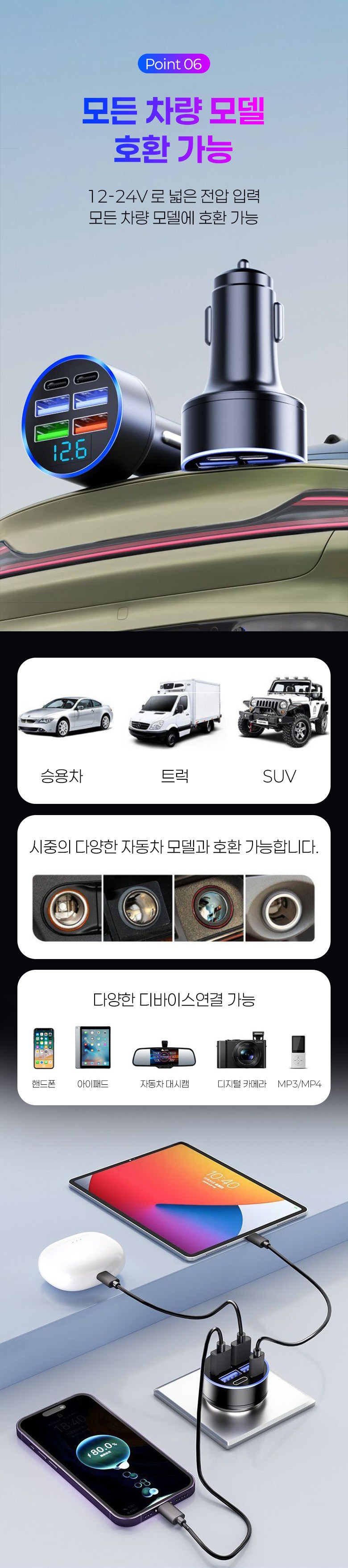 Charyangyong Gosok Charger Sigeojaek Multi Soket / Jineung 4 Pack Usb+ 2 Pack type-c Grade Sok Charging Gu , Black , 3 A ((특가) 차량용 고속 충전기 시거잭 멀티소켓 /지능 4개 Usb+2개 type-c 급속 충전구, 블랙, 3A)