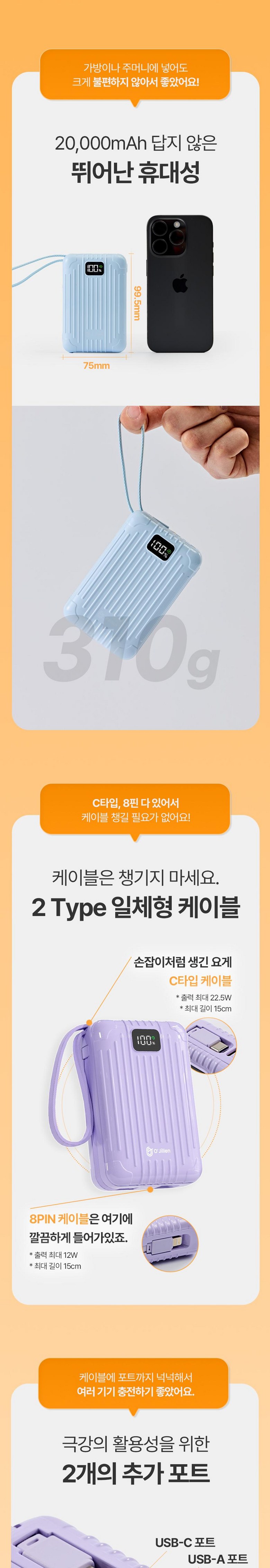 Ojiren Gosok Charging Large Size Bojo Pear Teori 20000 mAh, Silver , OJ 850 D (오지렌 고속충전 대용량 보조배터리 20000mAh, 실버, OJ850D)