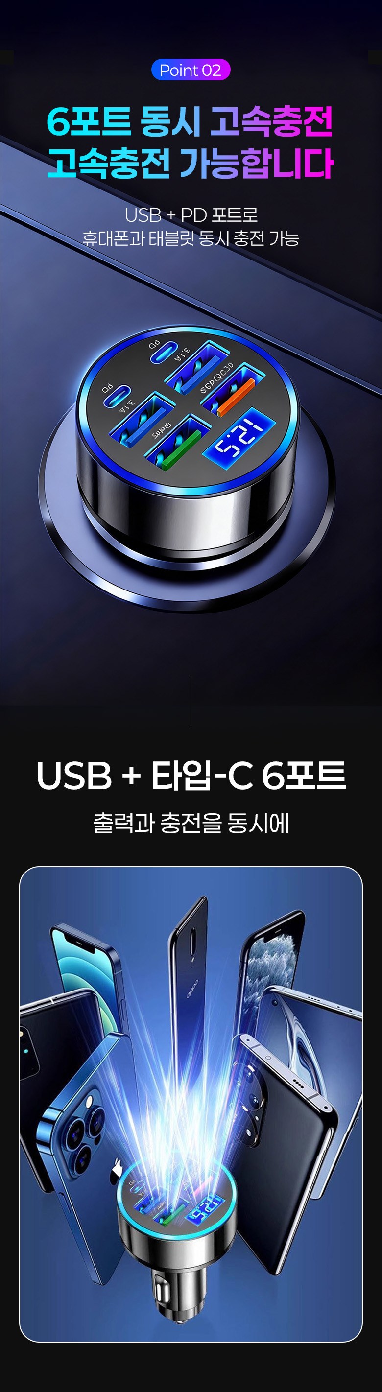 Charyangyong Gosok Charger Sigeojaek Multi Soket / Jineung 4 Pack Usb+ 2 Pack type-c Grade Sok Charging Gu , Black , 3 A ((특가) 차량용 고속 충전기 시거잭 멀티소켓 /지능 4개 Usb+2개 type-c 급속 충전구, 블랙, 3A)