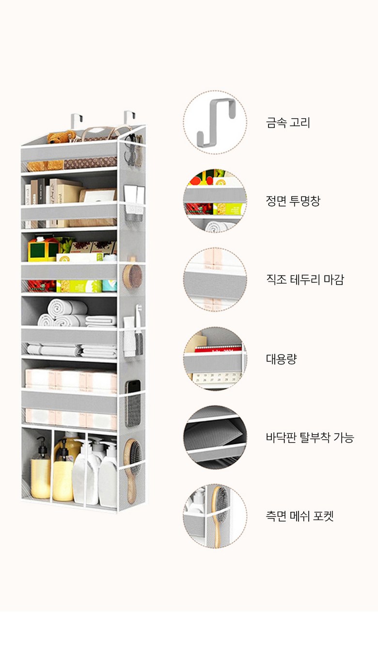 ROYAI ONE Paebeurik 6 Dan Geolsik Mungeol Sunap Seonban Sunap Packets Ket , 1 Pack , White Geure (ROYAI ONE 패브릭 6단 걸이식 문걸이 수납 선반 수납포켓, 1개, 화이트그레이)