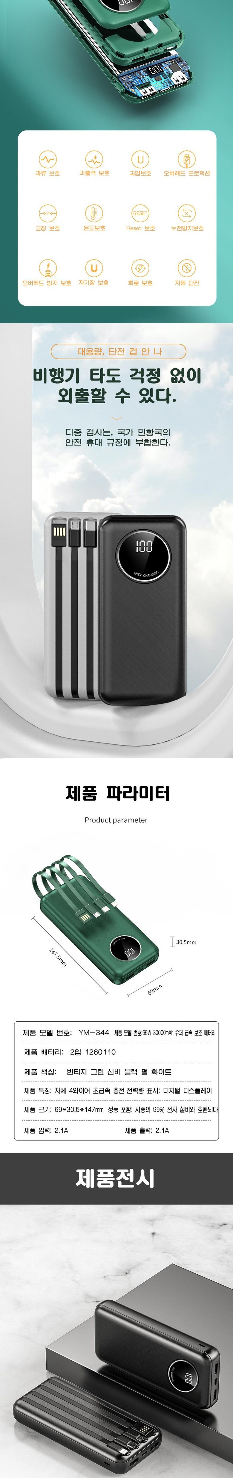 PYHO 66 W Super Grade Sok Charging Large Size 30000 mAh Bojo Pear Teori Hwa Noodles Pyosi Jeonryeokryang Jache 4 Cable Chehyeong Bojo Pear Teori , Bintiji Green , YM-344 (PYHO 66W 슈퍼 급속 충전 대용량 30000mAh 보조배터리 화면표시 전력량 자체 4케이블 일체형 보조배터리, 빈티지 그린, YM-344)