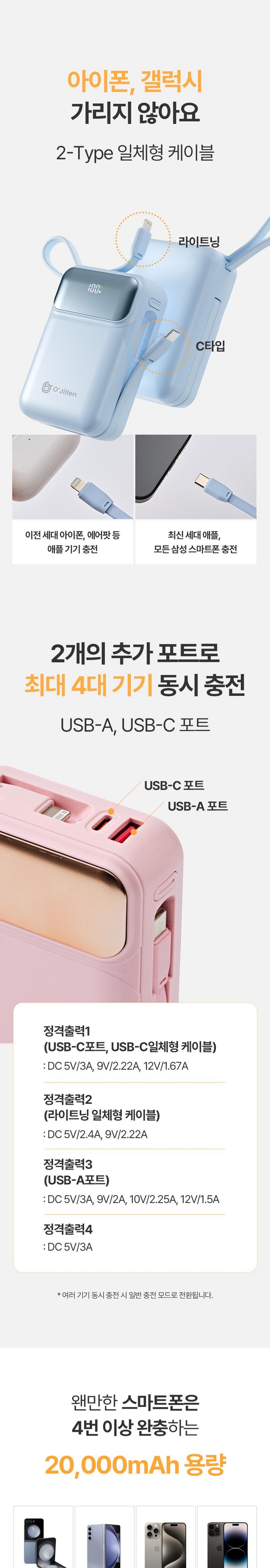 Ojiren All-in-One 22.5 W Gosok Charging Large Size Bojo Pear Teori 20000 mAh, Black , OJMH 811 (오지렌 올인원 22.5W 고속충전 대용량 보조배터리 20000mAh, 블랙, OJMH811)