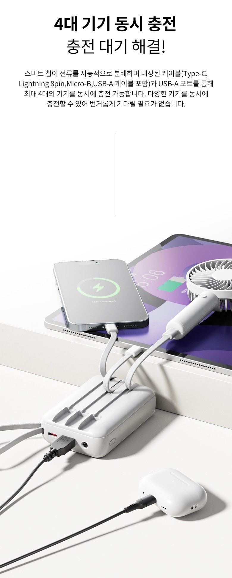TRYSEEK Gosok Charging PD 22.5 W Large Size Mini 4 in 1 Cable Chehyeong Bojo Pear Teori 12000 mAh Multi Danja USB-C LED Janryang , White , N 13 (TRYSEEK 고속충전 PD 22.5W 대용량 미니 4in1 케이블 일체형 보조배터리 12000mAh 멀티단자 C타입 LED잔량, 화이트, N13)