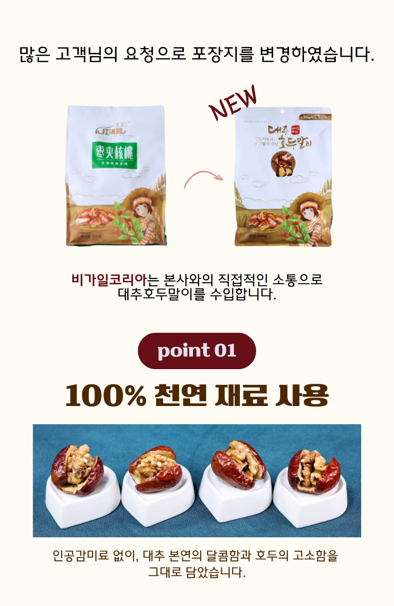 Bikoria Daechuhomal King Daechu Jungguk Gansik , 1 Pack , 500 g (비가일코리아 대추호두말이 왕대추 중국 간식, 1개, 500g)